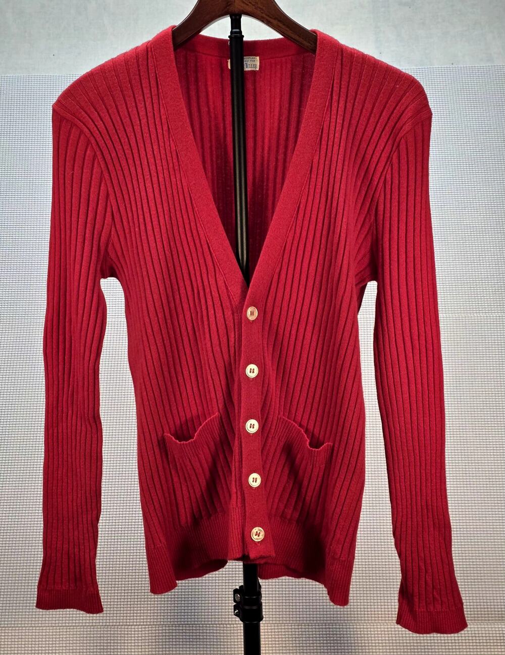 VTG Bonwit Teller 100% Cashmere Cardigan Red Ribbed Knit Made in Scotland M/L‎